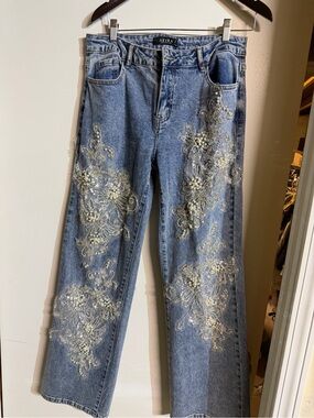 AKIRA Light Blue Straight Leg Jeans with Pearl Floral Appliqué